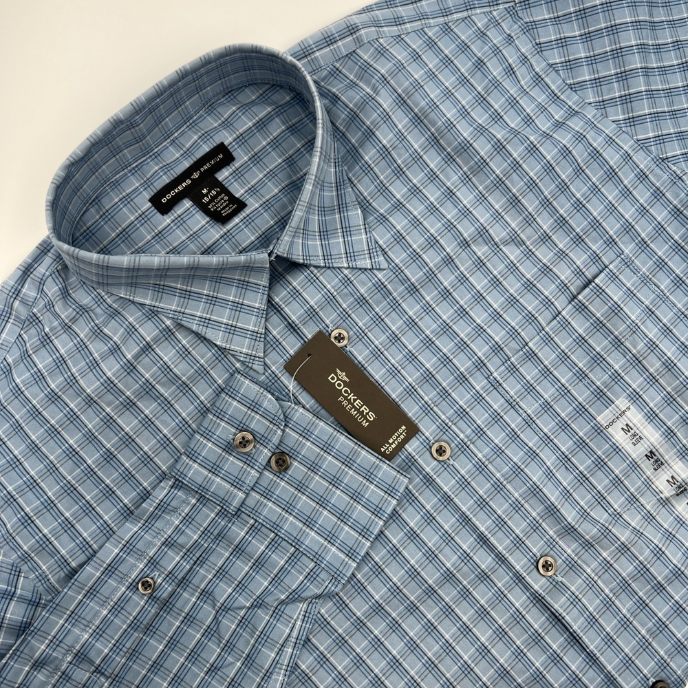 NWT Dockers Premium Blue Checkered Button Up Shirt Size Medium 15-15 1/2‎